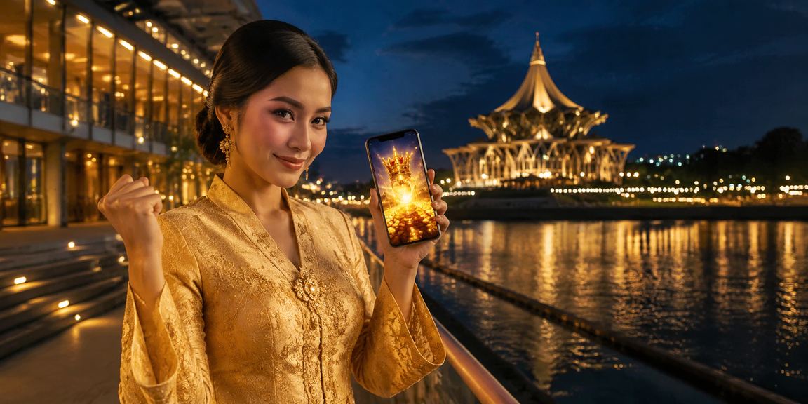 Pengguna wanita berbaju kebaya membuat deposit loteri dalam talian di Kuching Sarawak